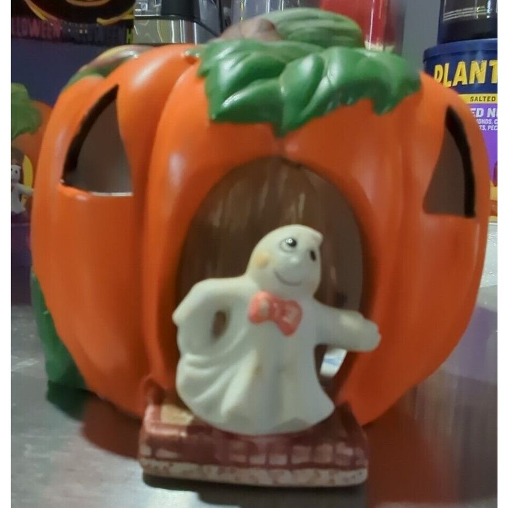 Vintage Votive Candle Holder Halloween Pumpkin & ghost Figurine Hand Painted
